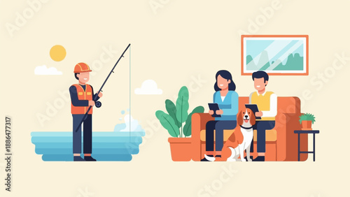Man fishes outdoors while couple relaxes indoors with dog
