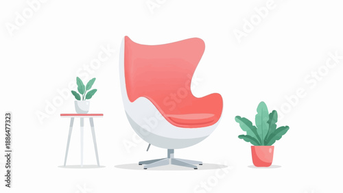 Minimalist interior design with a single pink egg chair and two potted plants