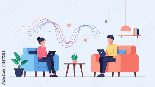Modern living room with people working remotely on laptops, abstract dots