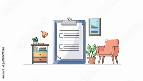 Minimalist interior scene with desk, chair, plants, and a clipboard
