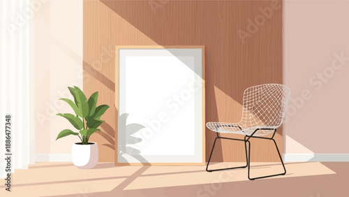 Minimalist interior with a framed blank canvas, plant, and transparent chair