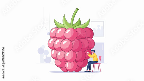 Man examining a giant raspberry while seated on a chair indoors