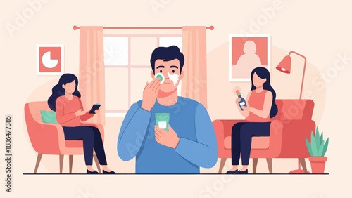 Man applies skincare while two women relax with phones and lotions