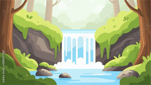 Lush green forest frames a vibrant waterfall cascading into a clear blue pool