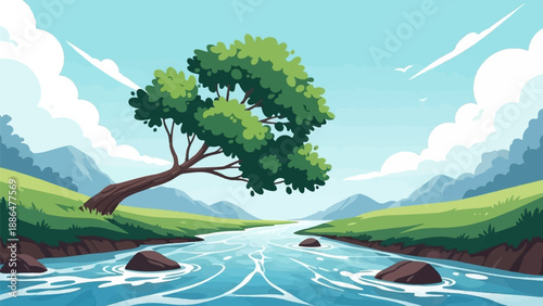 Lush green landscape with a flowing river and mountains under blue sky