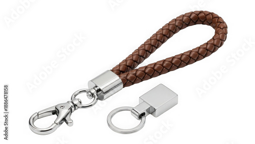 Brown braided leather keychain with metal attachments isolated on transparent background