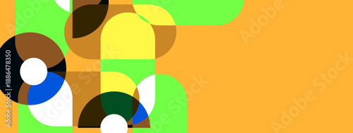 Clean geometric composition with rounded shapes and circular segments on a yellow field