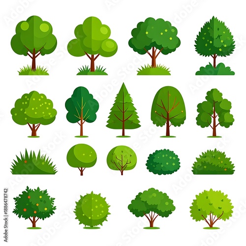 Array of cartoonish trees and shrubs in various shapes and sizes, rendered in bright green and brown tones