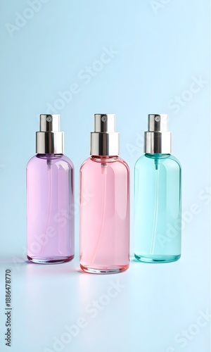 Three Pastel Glass Spray Bottles in Purple Pink and Cyan on Light Blue Background, Minimalist Cosmetic Packaging and Beauty Product Concept