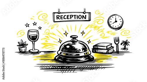 Hand drawn line art hotel and hospitality set featuring a reception bell, sign, clock, wine glass, and other travel-related items for service and booking