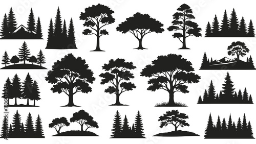 Collection of Diverse Tree Silhouettes and Forest Scenes.