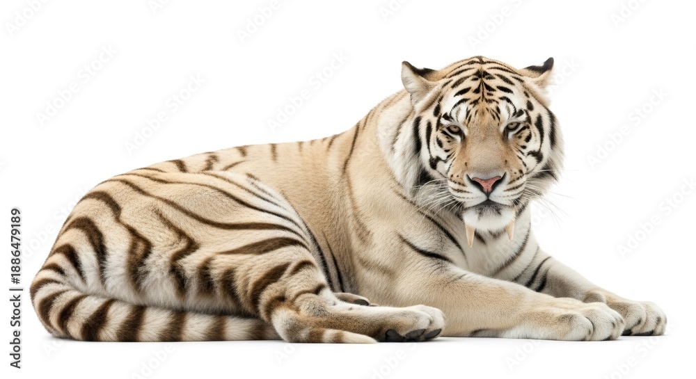 Fototapeta premium White tiger with impressive fangs lying down on a clean white background. Big cat representing prehistoric saber tooth tiger concept.