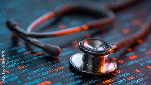 High quality photo of Silver Stethoscope on Glowing Digital Code Display