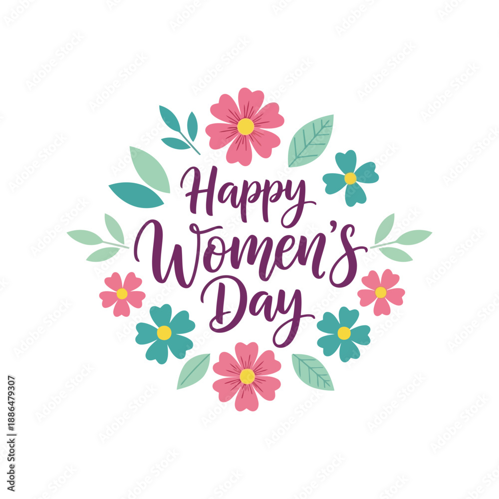 Obraz premium Happy Women's Day vector clipart with floral wreath, hand lettering, and spring flowers design
