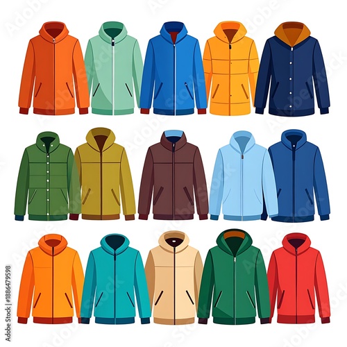 Array of colorful hooded jackets & coats are neatly arranged on a white background in a flat, modern vector style