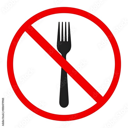 A black fork silhouette crossed out by a red circle and diagonal line on white backdrop