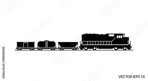 Silhouette of a freight train with multiple cars.