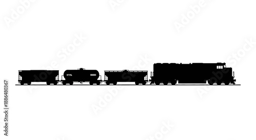 Silhouette of a freight train with multiple cars and engine.