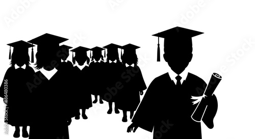 Graduation ceremony students in caps and gowns holding diplomas.