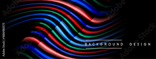 Abstract flowing lines create vibrant waves. Red, blue, cyan hues dominate dark background. Modern design element.
