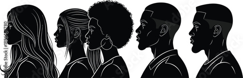 Diverse human profile silhouettes, representing gender ethnicity inclusion unity, modern minimalist vector illustration for diversity equality concept, social identity awareness