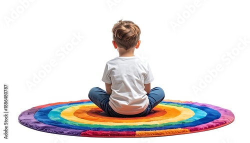 Back view of a child sitting cross-legged on a colorful rug, isolated against a white background