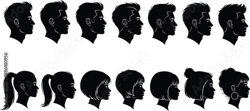 Silhouette head profiles, male and female, hairstyle diversity, side view, black vector, human anatomy, fashion design, haircut styles, profile icons, illustration set