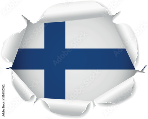Flag of Finland. Flag Revealed Through Torn Paper Hole over a transparent background