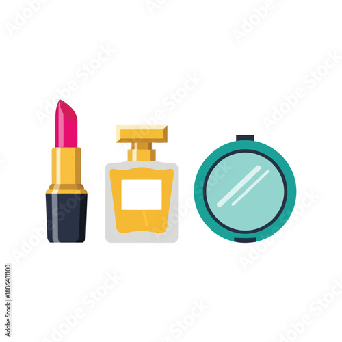 Women's Day beauty products vector clipart with lipstick, perfume, and compact mirror illustration