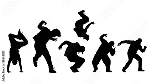 A group of black silhouette people dancing in various poses on a white background, vector illustration of energetic characters.