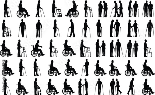 Silhouette mobility aid users, wheelchair, walker, cane, disability support, black vector, accessibility concept, inclusive design, physical assistance, healthcare