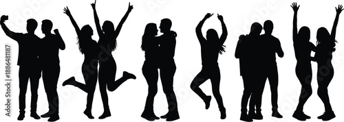 Silhouette people celebrating, hugging, dancing, taking selfies, joyful interaction, human connection, black vector, couple poses, friendship, expressive body language
