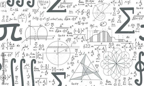Mathematical vector seamless pattern with math signs, geometrical figures and formulas, "handwritten on white copybook paper". Math endless texture