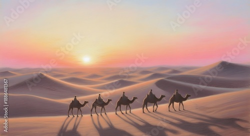 Five Camels Walking Across a Sandy Desert at Sunset with Riders dunes