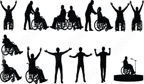 Silhouette wheelchair users, standing figures, inclusive interaction, disability support, black vector, empowerment, public speaking, celebration, accessibility, healthcare concept