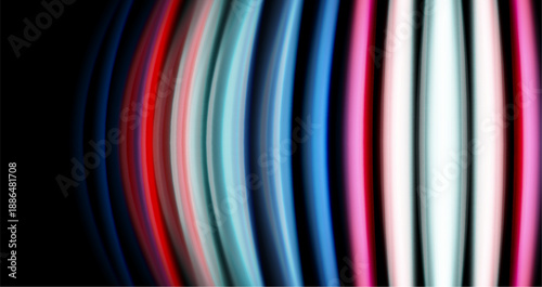 Abstract colorful lines form rhythmic pattern. Bright hues contrast dark background creating visual impact. Smooth gradients suggest movement.