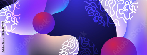 Dark purple fluid background featuring organic wavy lines and floating 3D spheres for futuristic web design concepts