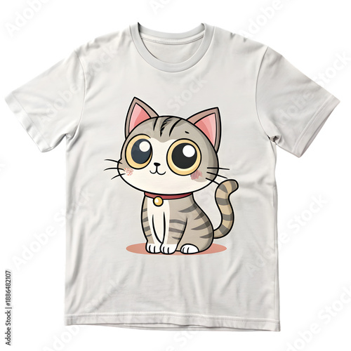 Cute Cartoon Cat Design on White T-Shirt with Red Collar and Big Eyes on transparent background