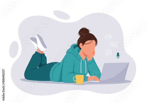 Casual young woman working on laptop at home, remote work or online study