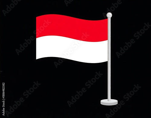 A red and white flag on a silver pole waving gently, presented against a pure black background