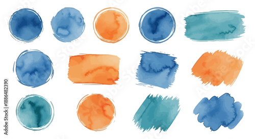 A collection of watercolor brush strokes and circles in blue, orange, and teal.
