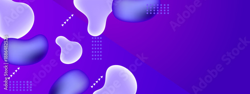 Elegant abstract background with floating translucent liquid blobs and geometric dot details on purple gradient