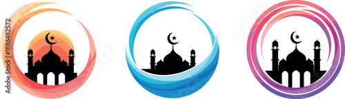 Colorful circular swirl Ramadan mosque vector illustration set for Islamic festival design