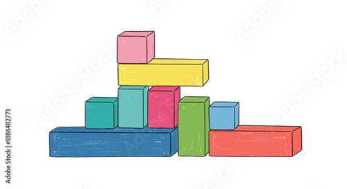 A colorful arrangement of building blocks stacked in a playful, abstract formation on a white background.