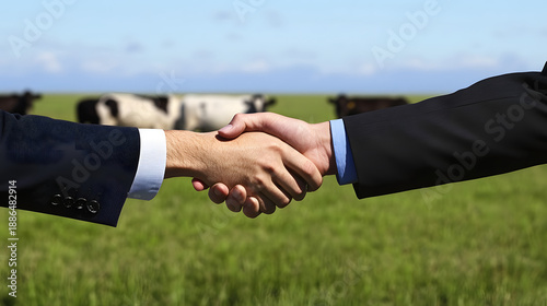 A handshake between entrepreneurs against a rural landscape with grazing cows emphasizes cooperation and investment in agricultural business