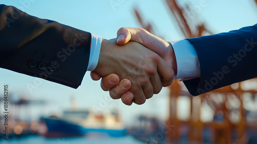 A handshake between two business partners against a seaport symbolizes successful cooperation, business agreements, and business development