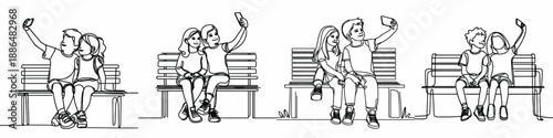 line art of a two little kids taking a selfie together on a park bench