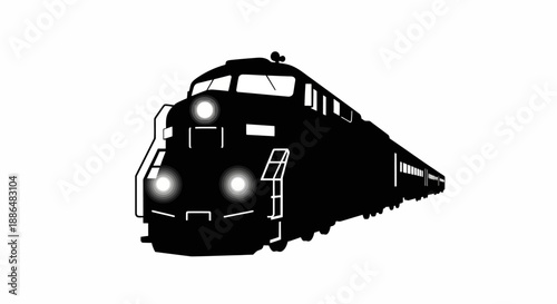 Silhouette of a powerful diesel locomotive with bright headlights.