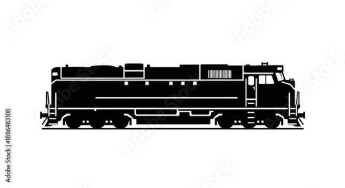 Black silhouette of a modern diesel locomotive on a white background.