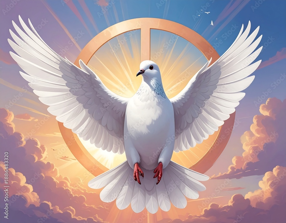 Fototapeta premium A white dove flies towards the viewer with outstretched wings
